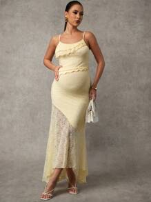 MaterniChic Pregnant Women's Asymmetrical Lace Vest And Low Waist Ruffled Fishtail Skirt 2 Pieces Set, Suitable For Spring/Summer, Vacation And Wedding - Yellow - View 6