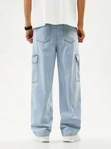 SHEIN Teen Boys' Outdoor Casual Versatile Comfortable Light Washed Blue Cargo Jeans With Elastic Waistband, School, Campus, College