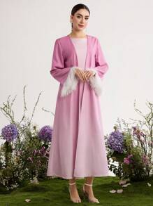 Graceveil Set de 2 piezas: Chaqueta con mangas largas y dobladillo de pelo degradado y vestido, estilo minimalista