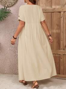 EMERY ROSE Plus Size Summer Countryside Round Neck Single-Breasted Casual Summer Dress, Suitable For Vacation