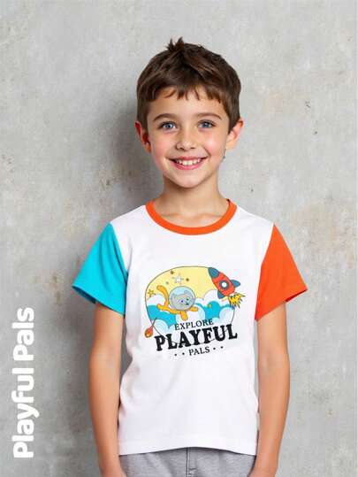 SHEIN 1 件年轻男孩休闲拼布可爱短袖 T 恤