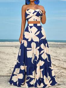 SOLERSUN 褶皱侧扭纹抹胸上衣和开叉大腿荷叶边下摆裙子套装