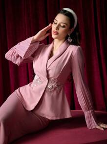 Modelyn Conjunto de 2 piezas para mujer: Chaqueta bomber con pliegues en la cintura y estampado floral, y falda con bajo de cola de pez - Rosa - Ver 1