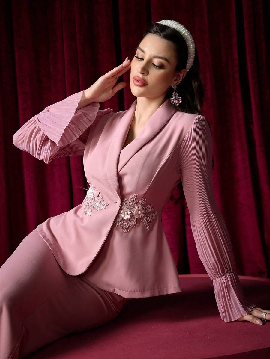 Modelyn Conjunto de 2 piezas para mujer: Chaqueta bomber con pliegues en la cintura y estampado floral, y falda con bajo de cola de pez - Rosa - Ver 1