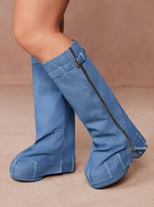 CUCCOO CURVES Plus Size Women Vintage Thick Sole Fashion Round Toe Shark Hem Belt Buckle Long Boots For Autumn/Winter