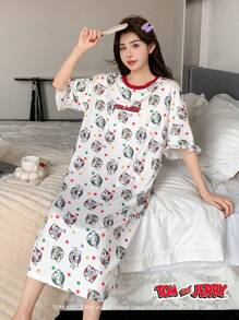 DAZY TOM AND JERRY X DAZY Cartoon Pattern Polka Dot Letter Logo Allover Print Contrast Color Design Ruffle Loose T-Shirt Style Nightgown