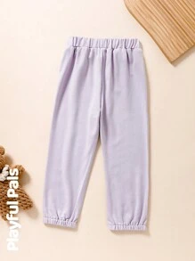 SHEIN 1pc Girls' Elastic Waist Pants With "LOVEY" English Print And Cute Cat Heart Pattern, Knitted, Casual, Suitable For Spring/Autumn Daily Outings, Commute, Sports, Light Purple Sweatpants - Mauve Purple - View 2