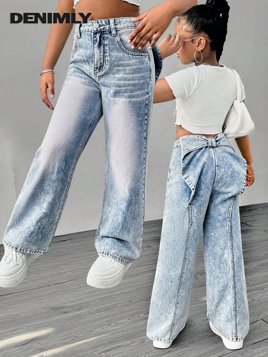 Sparklyn Tween Girl Urban Street Bold Party Wear All Year Must-Have Light Wash Brianca Bow Detail Relax Wide Leg Jeans With Adjustable Waist, Flat Pockets And Zip Front Fastening, School, Campus, College - Light Wash - View 1