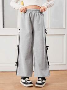 Tween Girls Grey Casual Sweatpants With Bow Ribbon Side Trim - Grey - View 3