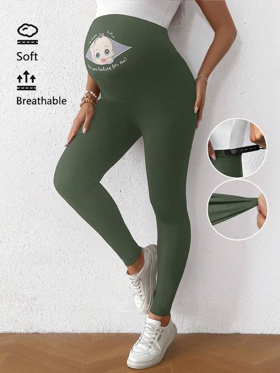 SHEIN Maternity Cartoon Print Basic Leggings, Casual Daily Wear - Army Green - View 1