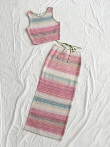 Soleia Set de 2 vestidos de punto a rayas tipo chaleco para mujeres, ropa de resort - Multicolor - Ver 3