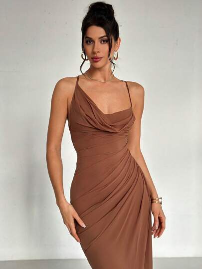 Firerie Women's Spring Elegant Romantic Fashion Commuter Sexy Elegant Style Brown Backless Skinny Long Dress For Party, Christmas Party, Beach Vacation, Back To School, Romantic Dating, Wedding, Birthday, Valentine's Day Women's, Easter Women's, Brazilian Carnival, New Year's Women's