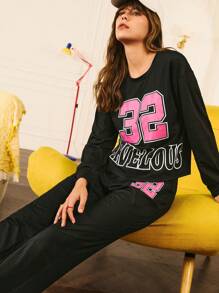 Chillnights Conjunto de pijama con top minimalista de manga larga con estampado de letras en inglés y pantalón largo para mujer