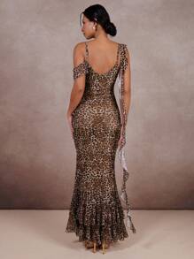 COSMINA Women's Fashion Leopard Print Asymmetric Neckline Fishtail Dress - Multicolor - View 2