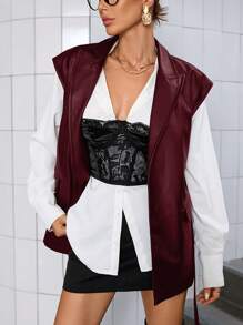 Aveloria Modichic 纯色复古 PU 皮革简约 OL 商务风格翻领收腰系带无袖背心夹克