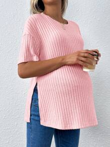 SHEIN 孕妇休闲宽松圆领开衩下摆长款孕妇 T 恤 - 粉色 - 查看 5