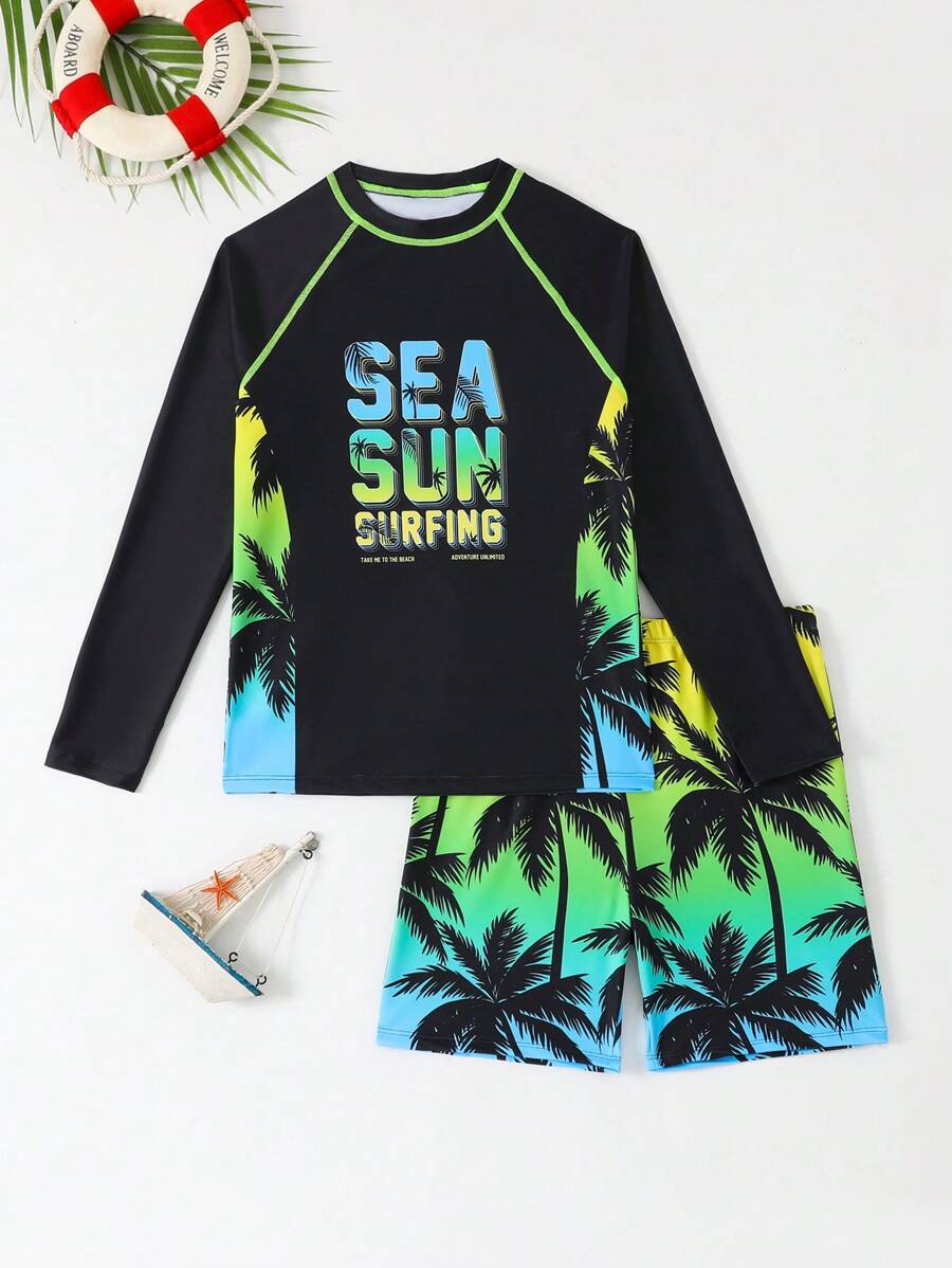 SHEIN Conjunto de 2 piezas de traje de baño para adolescentes niños, que incluye camiseta rash guard de manga larga con estampado de árbol de coco tropical y shorts de baño, adecuado para verano, playa, natación, vacaciones, surf, buceo - Multicolor - Ver 1