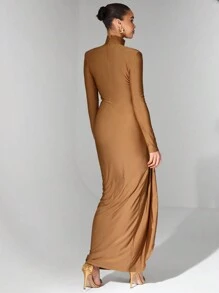 Glamine Hoher Kragen, Langarm, seitlich plissierte Volants am Vorderteil, Rüschen am Rücken, Reißverschluss hinten, schlanke Maxikleid aus Strick für alle Jahreszeiten, sexy elegante Abendkleider für besondere Anlässe, gestrickte Kleider, elegante Damenkleider