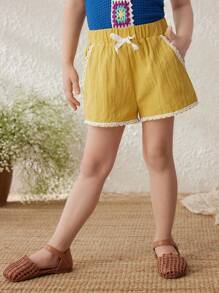 SHEIN Young Girl Spring/Summer French Elegant Woven Lace Trim Shorts - Yellow - View 3