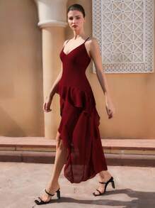 Aveloria Rosie Elegant Vacation Sexy Spaghetti Strap Asymmetric Hem Ruffle Hem Waist-Defining Women Dress