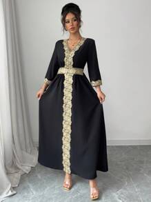 Elenzga V-Neck Elegant Patchwork Women Dress - Black and Gold - View 3