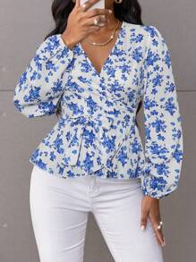 SOLERSUN 随机花卉印花腰带女式衬衫 - 藍色 - 查看 6