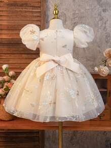 SHEIN Glamorique Kids 年轻女孩四季花卉腰部泡泡袖网眼泡泡袖优雅派对连衣裙，适合春假 - 香檳色 - 查看 2