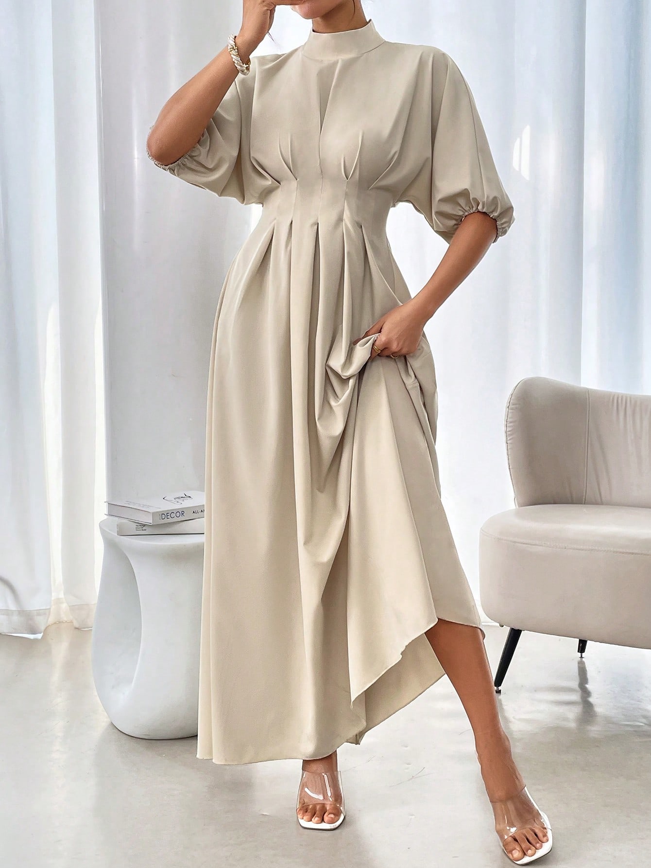 Rafferiza فستان طويل أنيق للنساء بياقة مستديرة فضف...