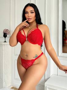 2pcs Plus Size Lace Underwire Front Closure Bra Set