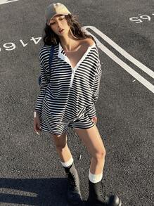 DAZY 2 pezzi/set, camicia a maniche lunghe a righe e pantaloncini larghi casual da donna per vacanze, set donna primavera/estate, corti