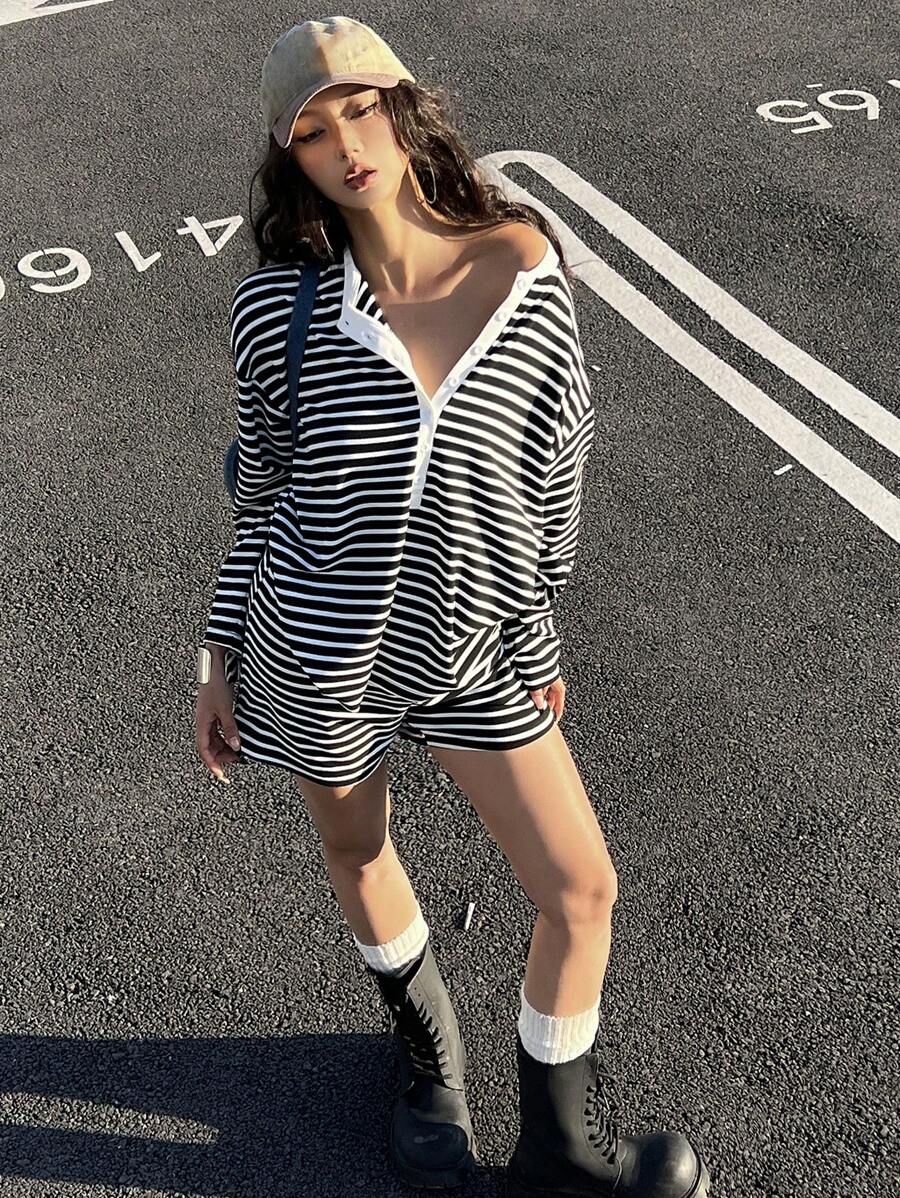 DAZY 2 pezzi/set, camicia a maniche lunghe a righe e pantaloncini larghi casual da donna per vacanze, set donna primavera/estate, corti