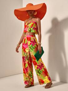 Zivah 2025 新款休闲度假宽松女士细肩带系带荷叶边下摆短上衣和阔腿裤两件套，花卉印花，夏季