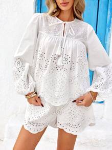 SHEIN VCAY 2pcs/Set Women Solid Color Loose Chiffon Long Sleeve Shirt & High Waist Loose Shorts Set, Holiday Style