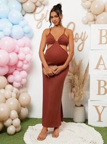 Loomaby Kobiety w ciąży Jednolity kolor talii wycięcie seksowna obcisła sukienka na ramiączkach na baby shower party - Rdzawy brązowy - Zobacz 6