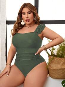 SHEIN Swim Curve Plus Size Women Solid Color Ruffle Trim One-Piece Swimsuit, For Summer Beach Vacation - Army Green - View 3