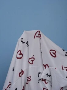 Women's Lashes & Heart Print Single-Breasted Short Sleeve Jumpsuit Pajamas - White - View 6