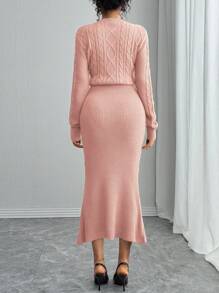 Chiquease Fashionable Fitted Round Neck Long Sleeve Cable Knit Fishtail Hem Brown Sweater Dress For Women, Autumn/Winter