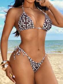 SHEIN Swim 3Pcs Set Swim Summer Beach Vacation Outfits Woman Bikini Sets +Random Print Cover Up - Multicolor - View 3