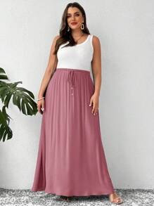 SHEIN LUNE 大码女式夏季纯色高腰系带长款休闲裙，西式服装女士节日波西米亚风嬉皮女牛仔老钱波西米亚风 - 藕粉色 - 查看 4