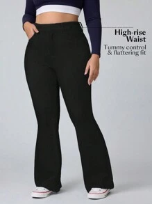Flexra Celana Jeans Denim Model Flare Rajut Elastis untuk Wanita Ukuran Plus, Modis dan Melangsingkan - Hitam - View 3