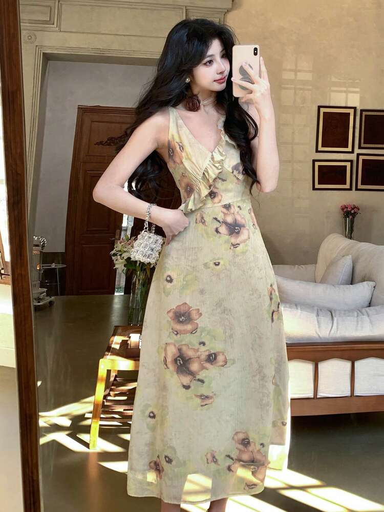 V-Neck Floral Print Slit Midi Dress For Women Boho