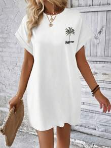 INAWLY 女士植物印花休闲短款圆领迷你连衣裙 - 白色 - 查看 5