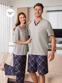 CoupledUp 2pcs Sleepwear Set For Men: Bear Embroidery V-Neck Short Sleeve Top And Plaid Shorts - Multicolor - View 3