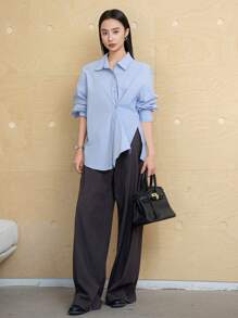 Dazy-Less Minimalist Asymmetric Button Design Solid Color Casual Long Sleeve Women Shirt,Fall Women Clothes Business Casual Woman Work Clothes - Blue - View 3