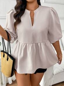 SHEIN Frenchy Top femme grande taille de couleur unie pour le printemps, petit col en V smock pull-over blouse - Nude - Voir 3