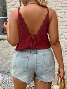 SHEIN Frenchy Texture Back Lace-Up Vacation Plus Size Women's Tank Top - Red - View 1