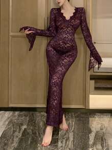 DAZY Lace Sheer Fitted Long Sexy Nightgown Pajama - Purple - View 7