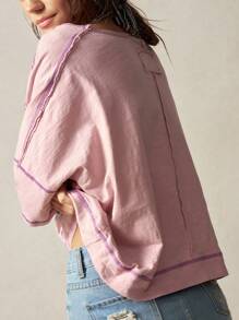 Bohemela Áo thun cổ tròn rộng rãi họa tiết hoa cỡ lớn, mùa hè - Màu Hồng baby - Xem 6