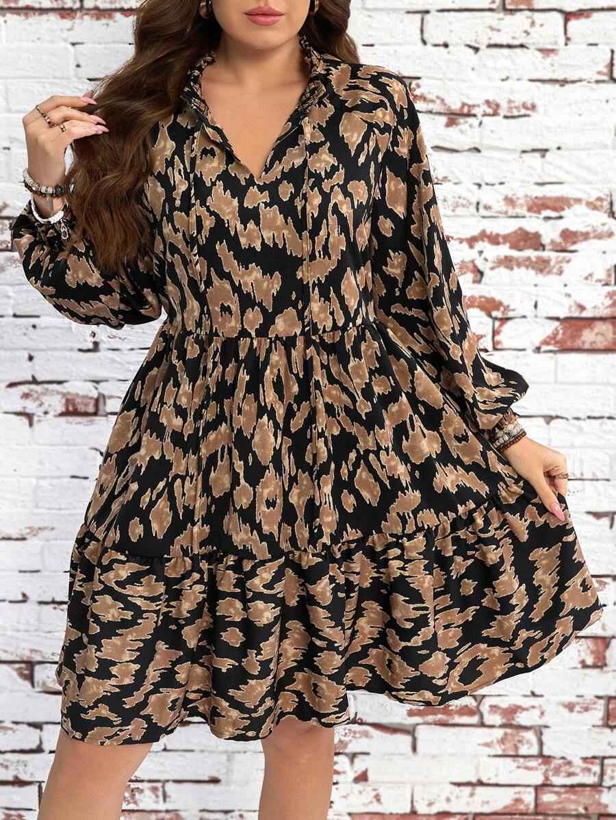 SHEIN LUNE Plus Size Tie Front Long Sleeve Printed Casual Short Dress Women Summer Clothing Dress Elegant Resort Clothing Women Boho/Boho Style, Resort Clothing, Holiday Dress, Outdoor Daily Wear Essential Sundress Cheetah Print Carnival Clothing