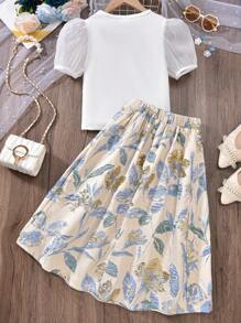 SHEIN 2pcs Tween Girls Bow Decor Bubble Short Sleeve Tee & Embroidered Pleated Skirt Spring/Summer Outfit Set - Multicolor - View 2